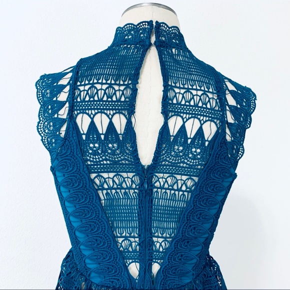 Self-Portrait Teardrop Guipure Tiered Lace Turquoise Teal BOHO Embroidery Dress - Picture 9 of 16